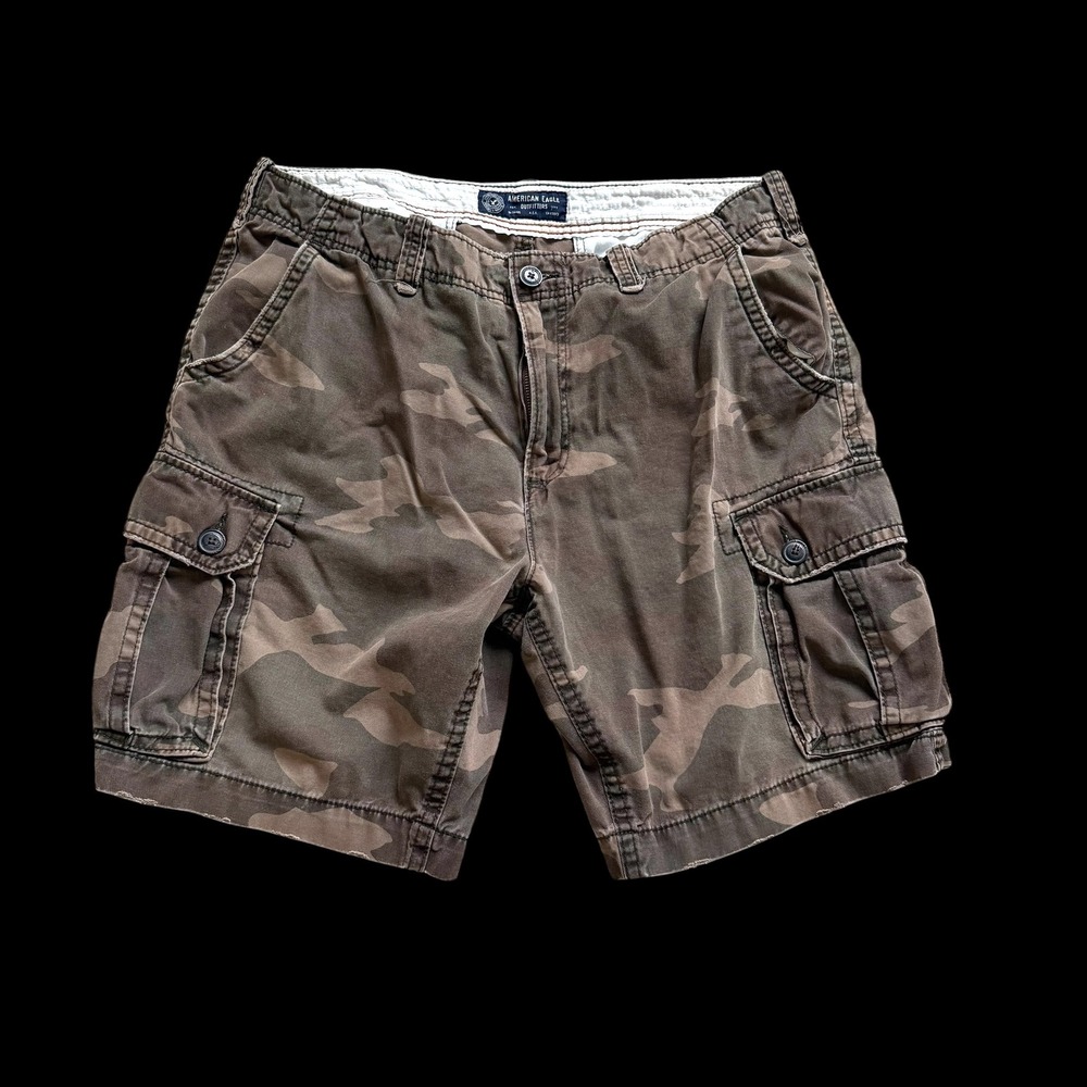 90's American Eagle Camo Cargo Shorts Brown Tan Size 38 Cotton Multi Pocket